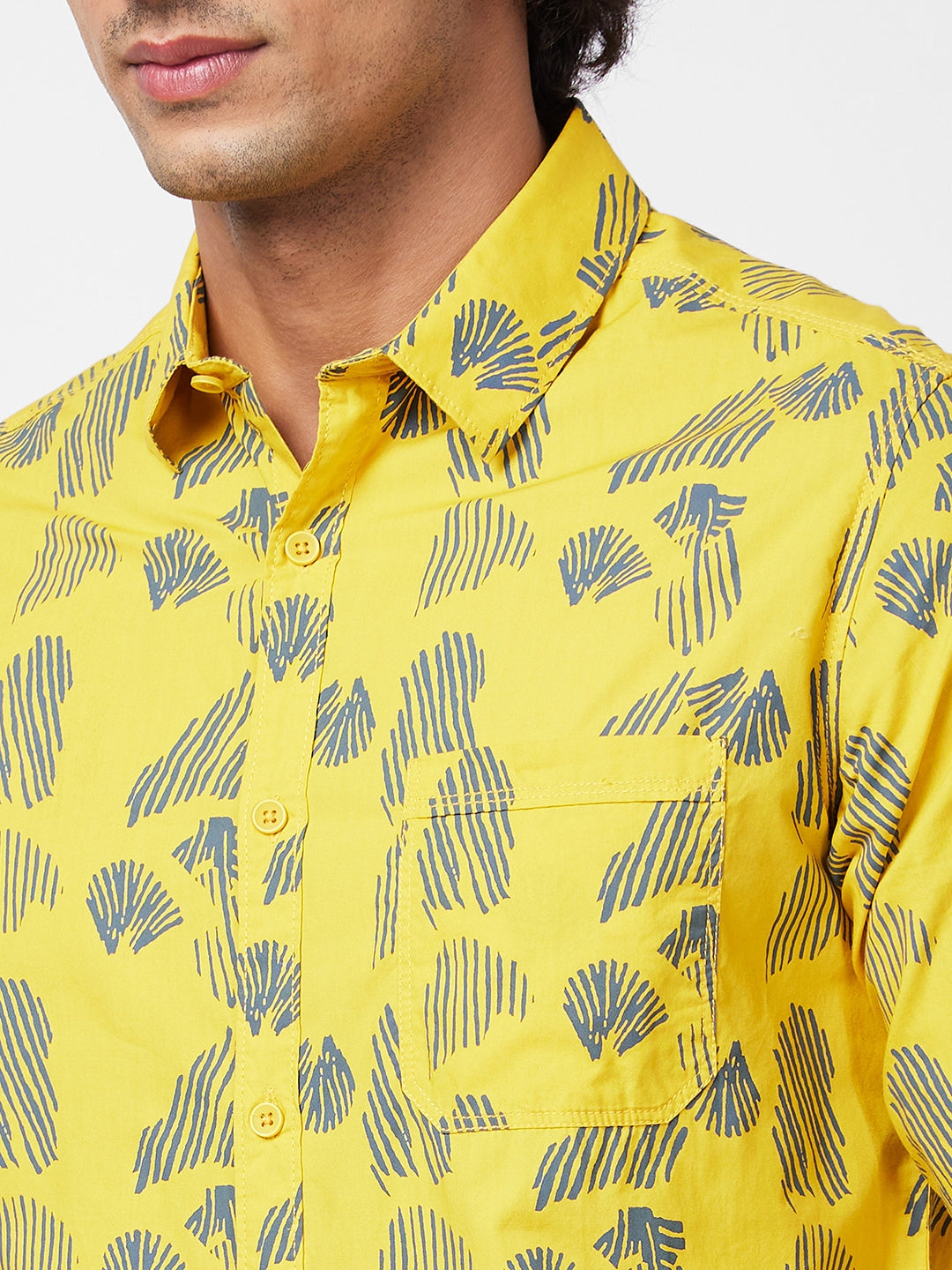 Spykar Men Sulphur Yellow Cotton Slim Fit Printed Shirt