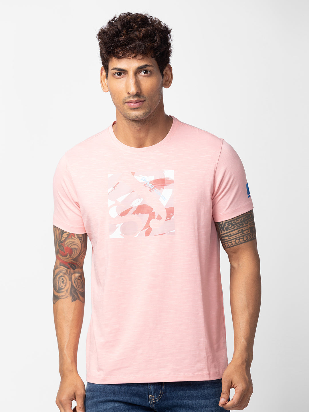 Spykar Men Powder Pink Cotton Regular Fit Half Sleeve Printed T-Shirt