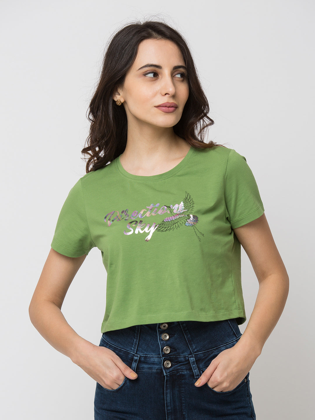 Spykar Women Green Lycra Slim Fit Round Neck Crop T-Shirt