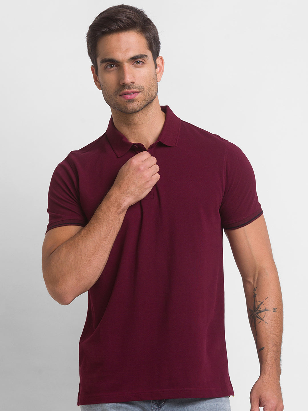 Spykar Wine Cotton Half Sleeve Plain Casual Polo T-Shirt For Men