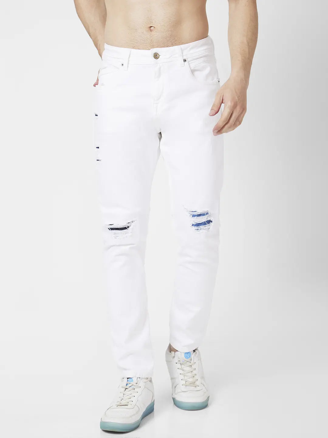 Spykar Men White Cotton Slim Fit Tapered Length Knee Slash Mid Rise Jeans (Kano)