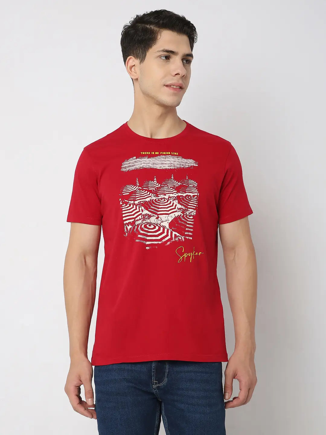 Spykar Men Deep Red Cotton Regular Fit Printed Round Neck Tshirt