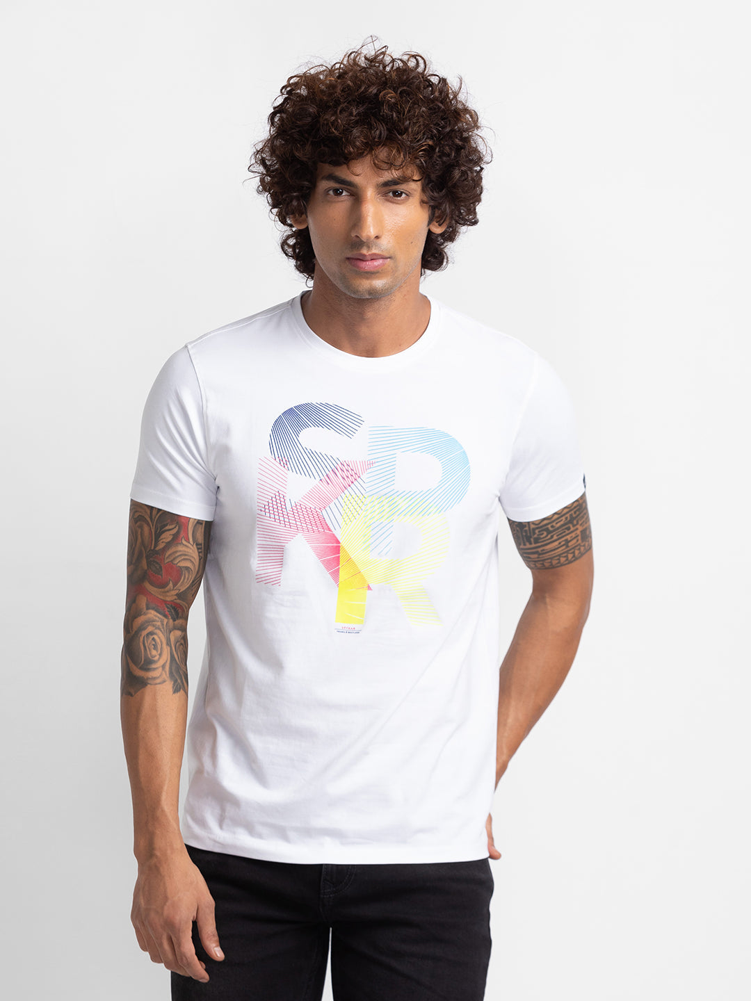 Spykar White Cotton Half Sleeve Printed Casual T-Shirt For Men