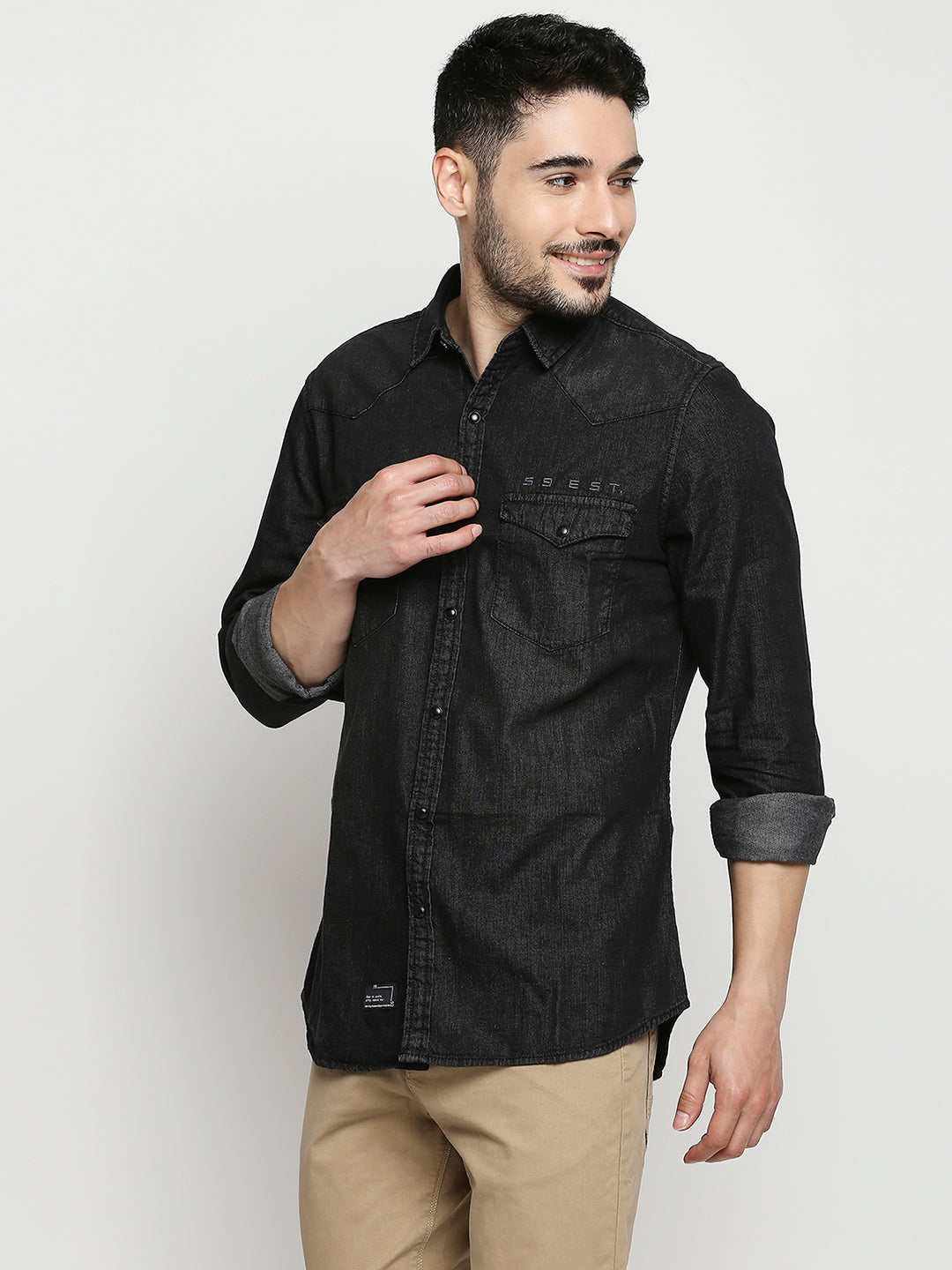 Spykar Washed Black Cotton Full Sleeve Denim Shirt For Men