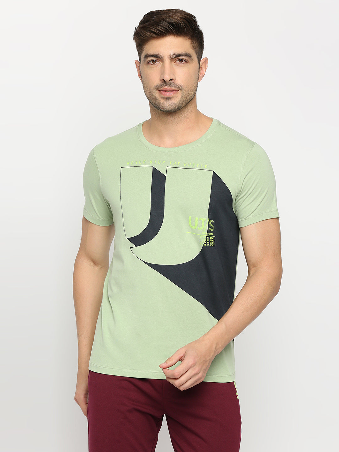 Men Premium Dusty Pista Cotton Round Neck Printed Tshirt- Underjeans By Spykar