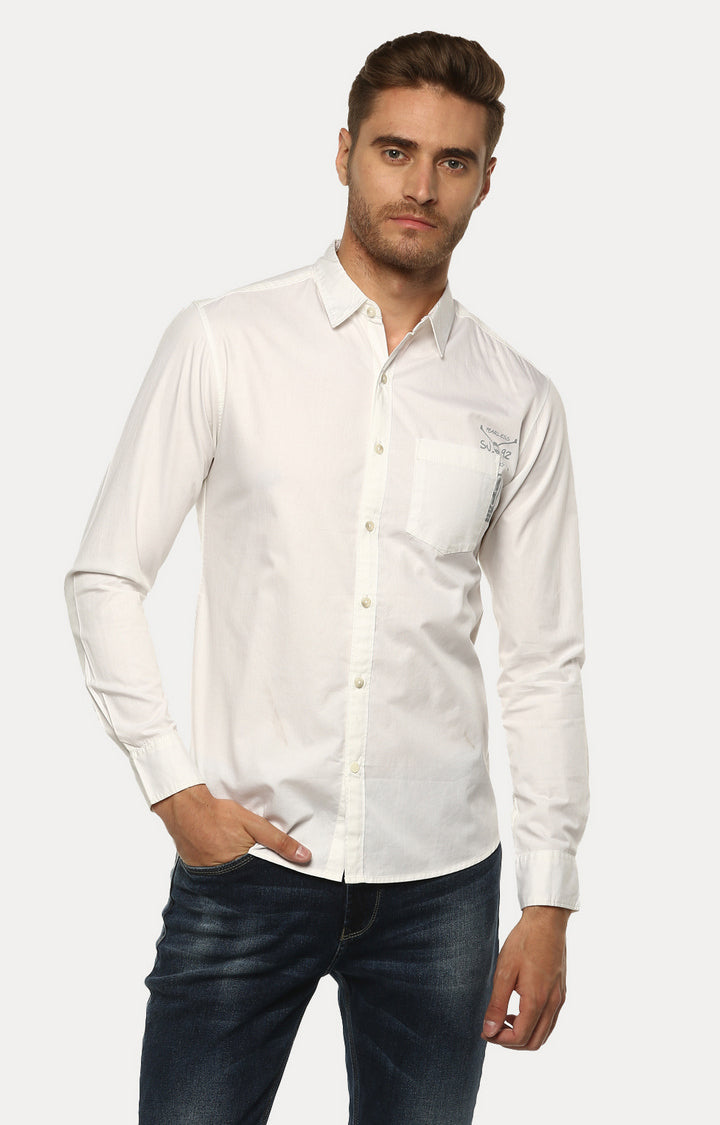 Spykar Men'S White Cotton Solid Casual Shirts