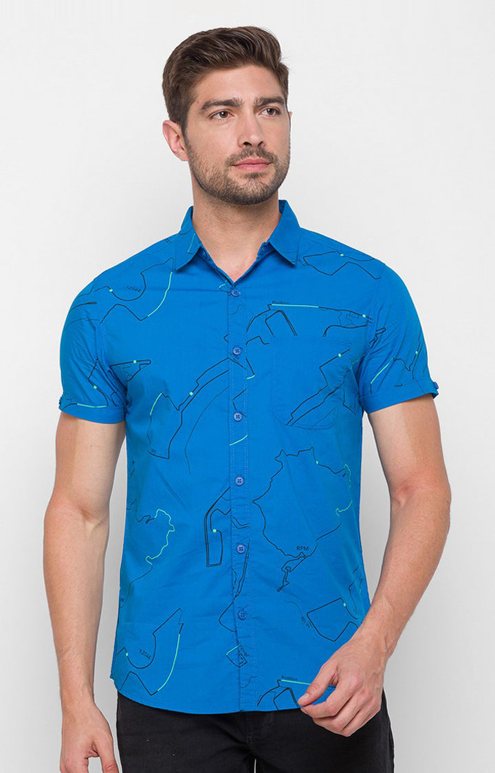 Spykar Blue Cotton Slim Fit Shirts For Men