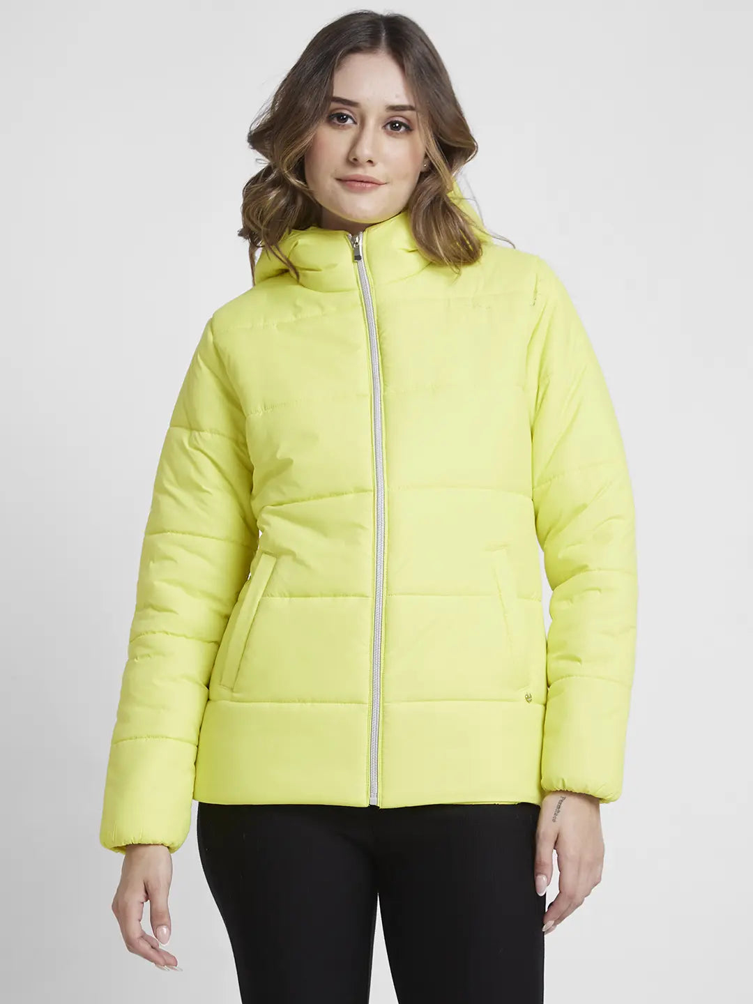 Buy Online Spykar Women Neon Green Regular Fit Hooded Plain Jacket