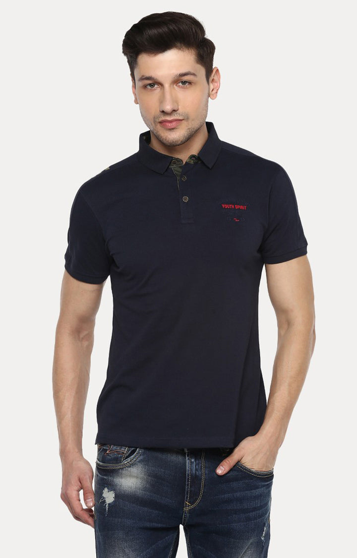 Spykar Blue Solid Slim Fit Polo T-Shirt