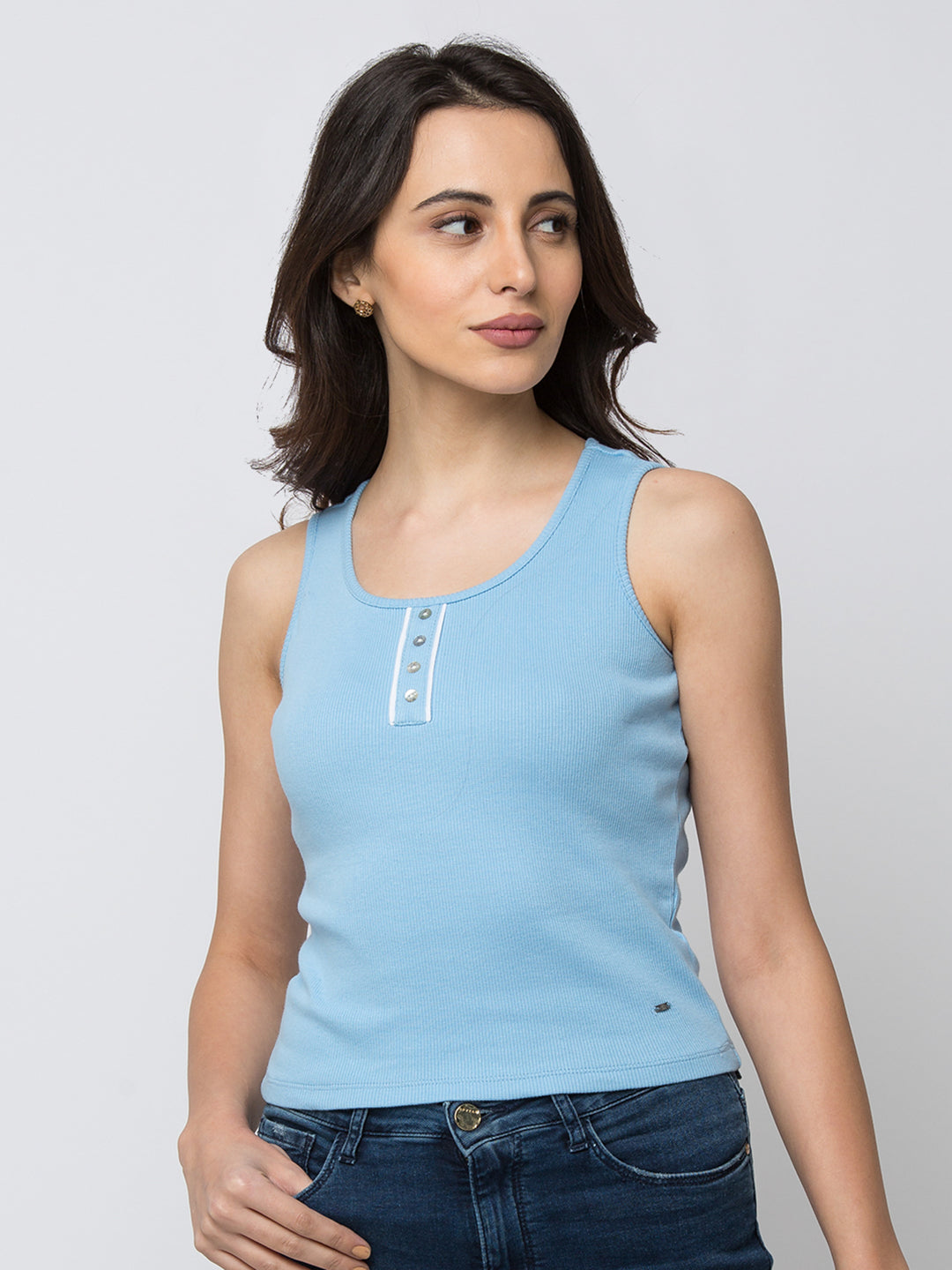 Spykar Women Blue Lycra Slim Fit Round Neck Crop T-Shirt