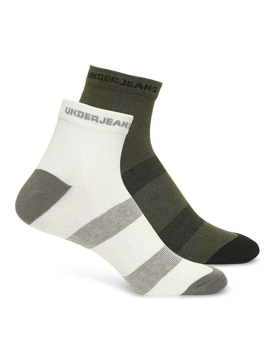 Men Premium White & Olive Ankle Length Socks - Pack Of 2- Underjeans By Spykar