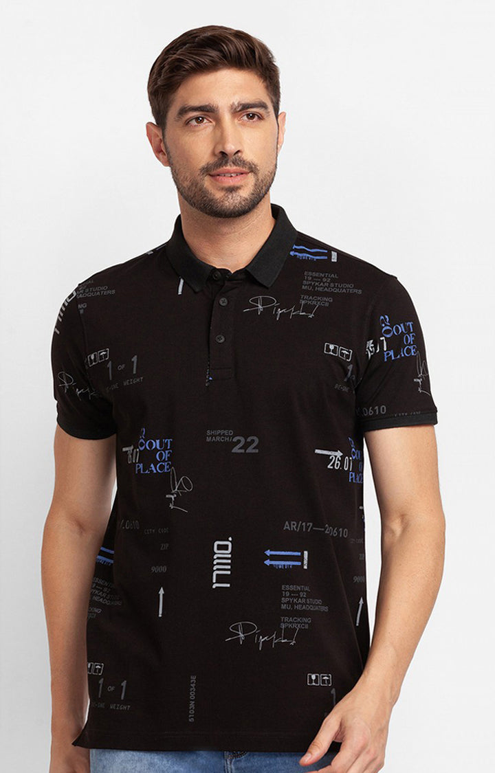 Spykar Black Cotton Half Sleeve Printed Casual Polo T-Shirt For Men