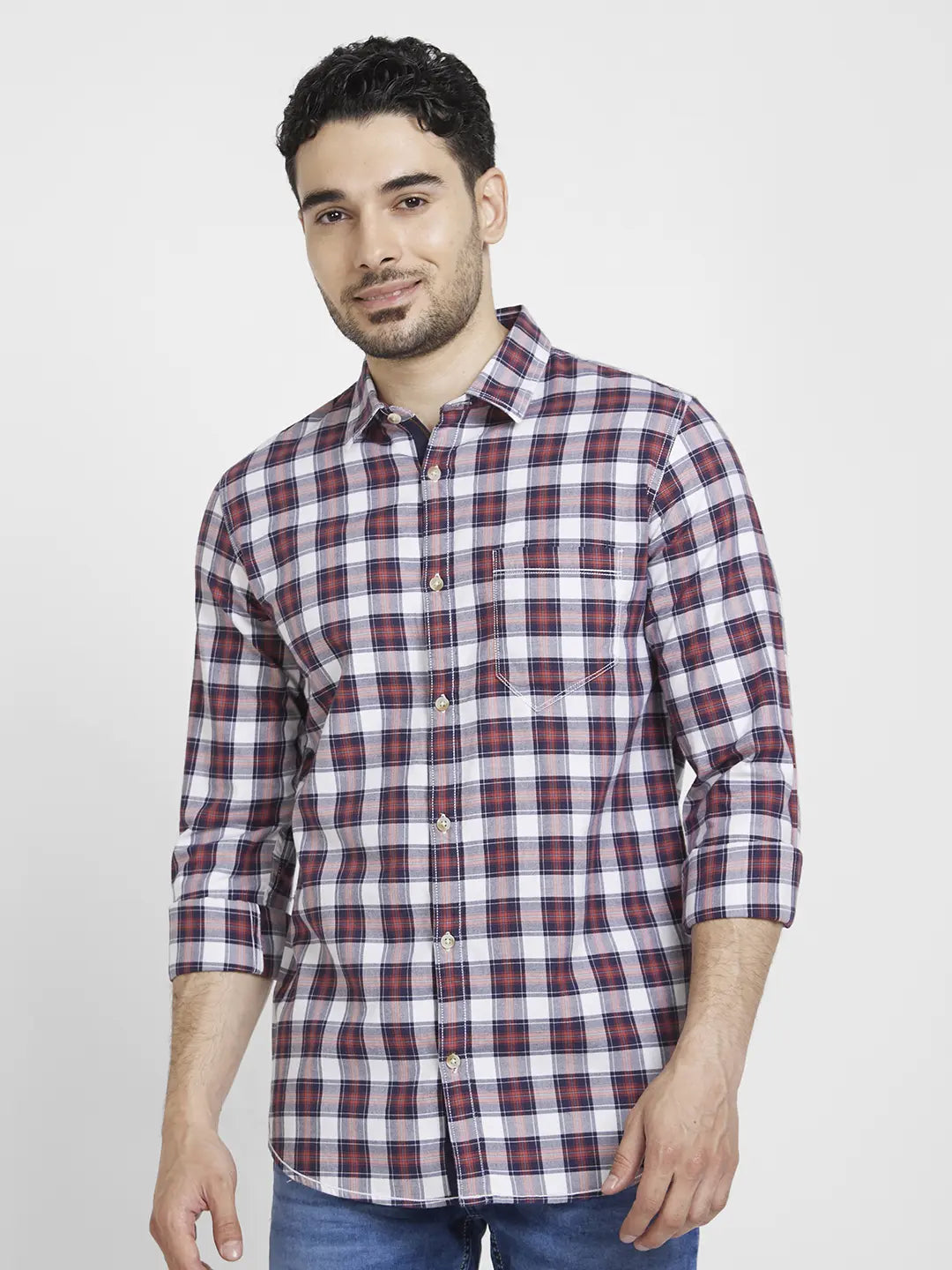 Spykar Men Brick Red Cotton Regular Slim Fit Full Sleeve Checkered Shirt