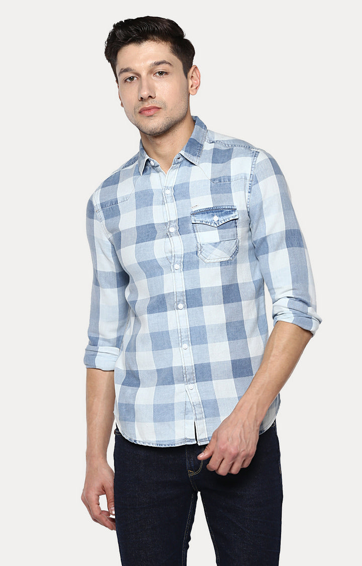 Spykar Men'S Blue Cotton Checked Casual Shirts