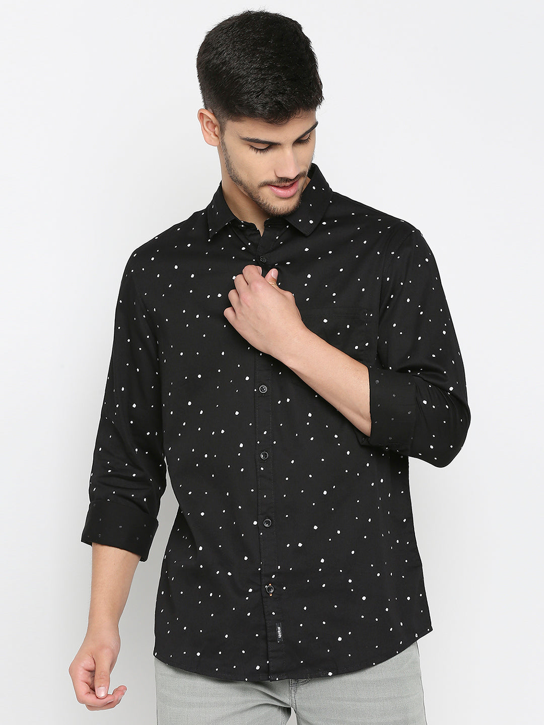 Spykar Black Cotton Full Sleeve Printed Shirt For Men