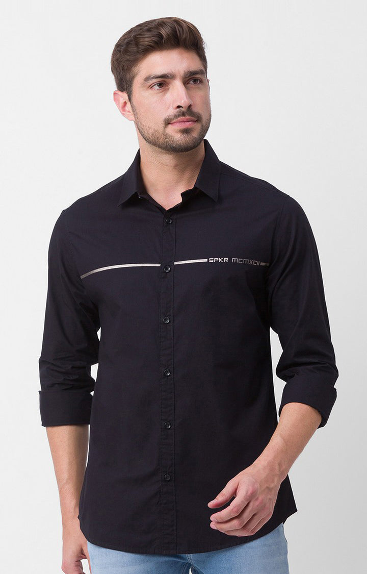 Spykar Black Cotton Full Sleeve Plain Shirt For Men