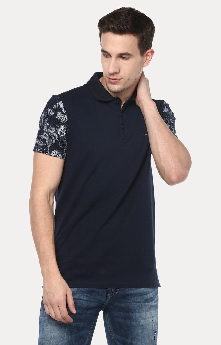 Spykar Navy Blue Solid Slim Fit Polo T-Shirt