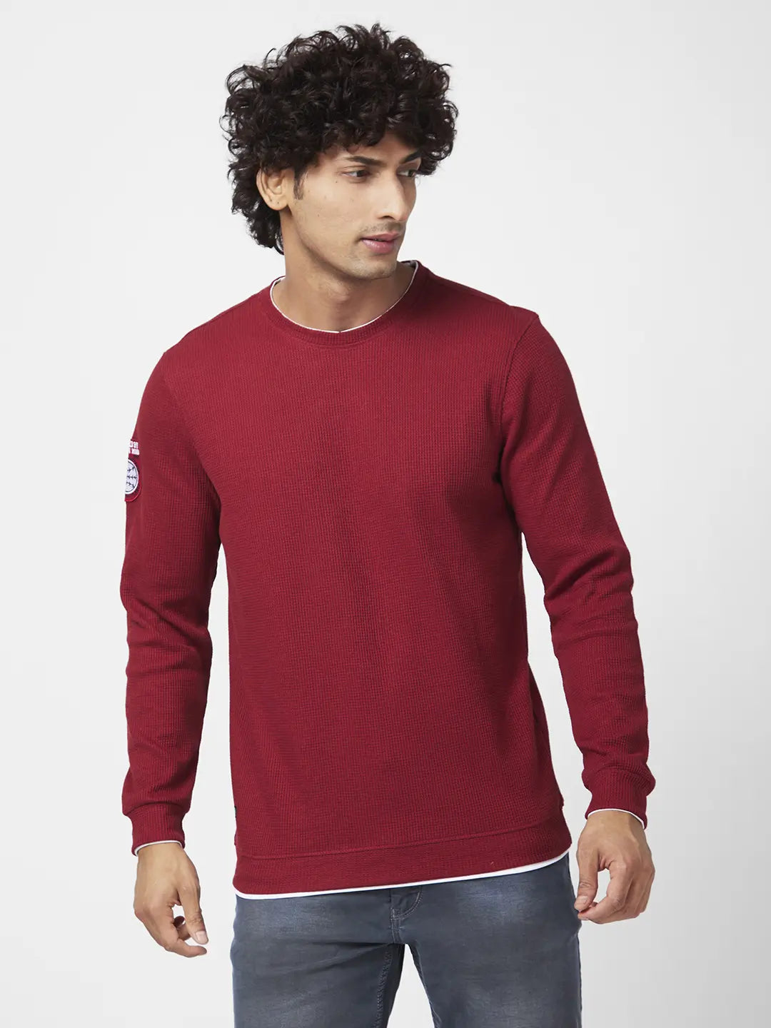 Buy Spykar Men Deep Red Blended Slim Fit Full Sleeve Round Neck Printed Casual Sweatshirt Online