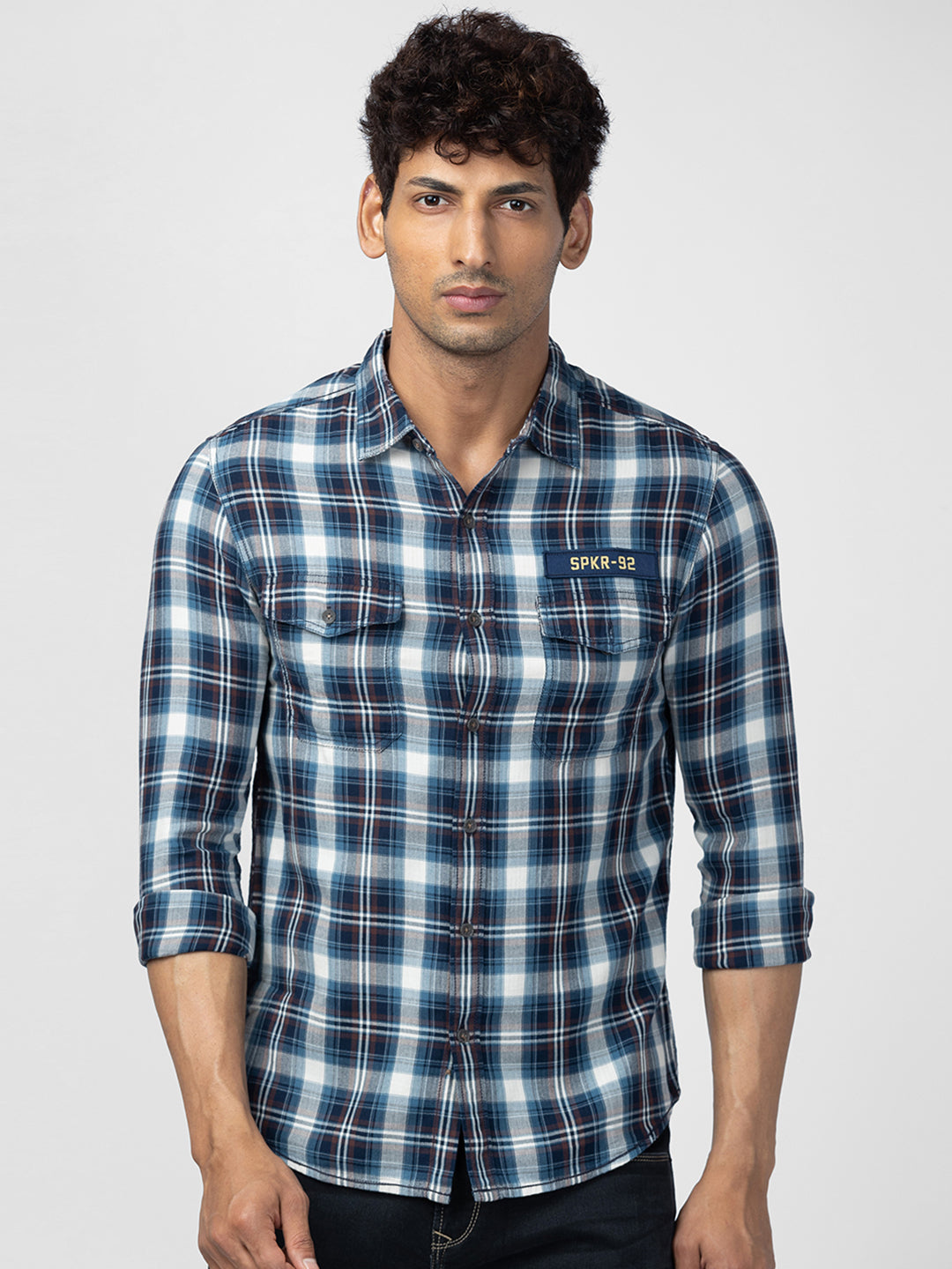 Spykar Men Navy Blue Cotton Slim Fit Checkered Shirt