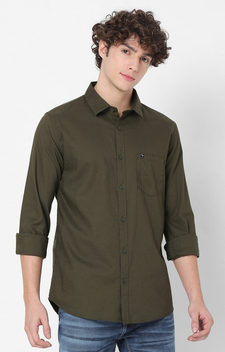 Spykar Green Full Sleeve Plain Shirts For Mens