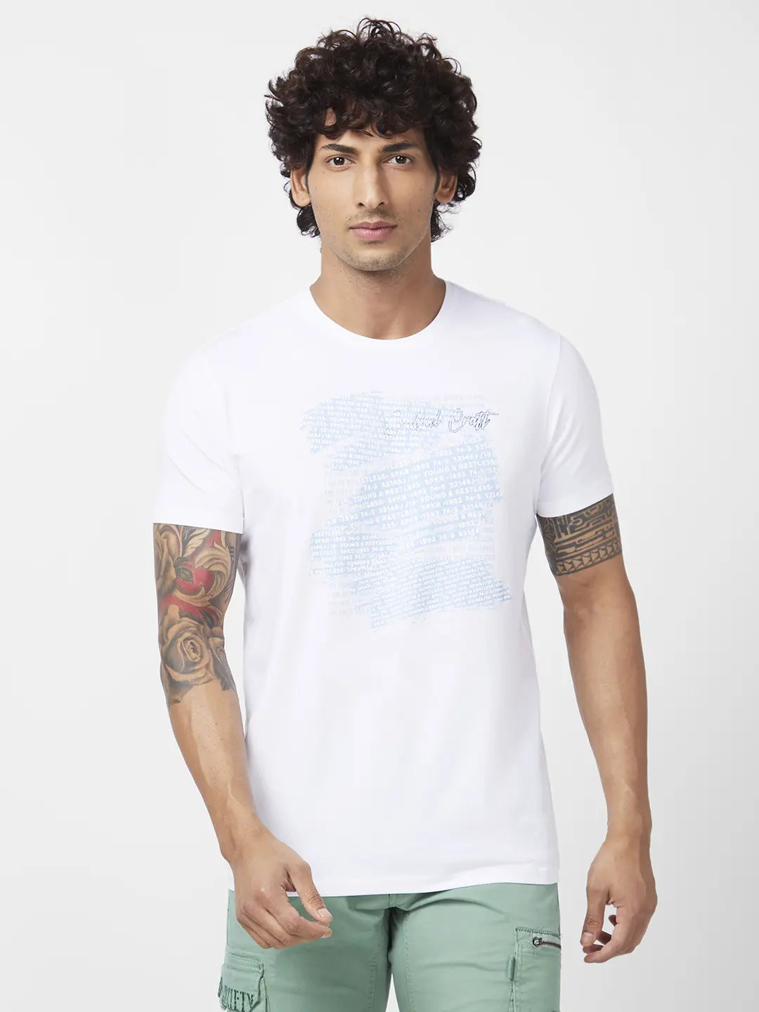 Spykar Men White Blended Slim Fit Half Sleeve Round Neck Printed Tshirt