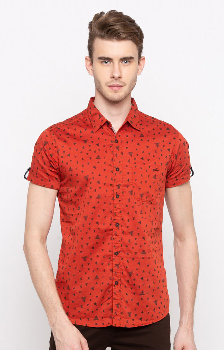 Spykar Men'S Orange Cotton Printed Casual Shirts