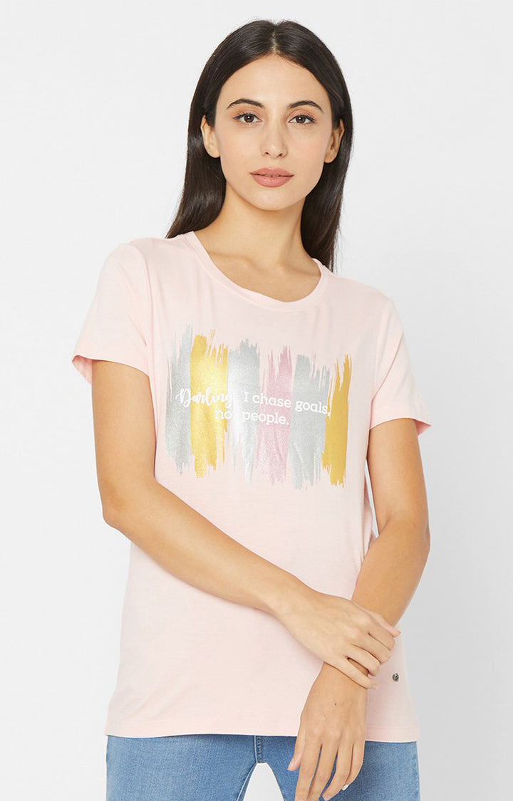 Spykar Women Pink Cotton Regular Round Neck T-Shirts