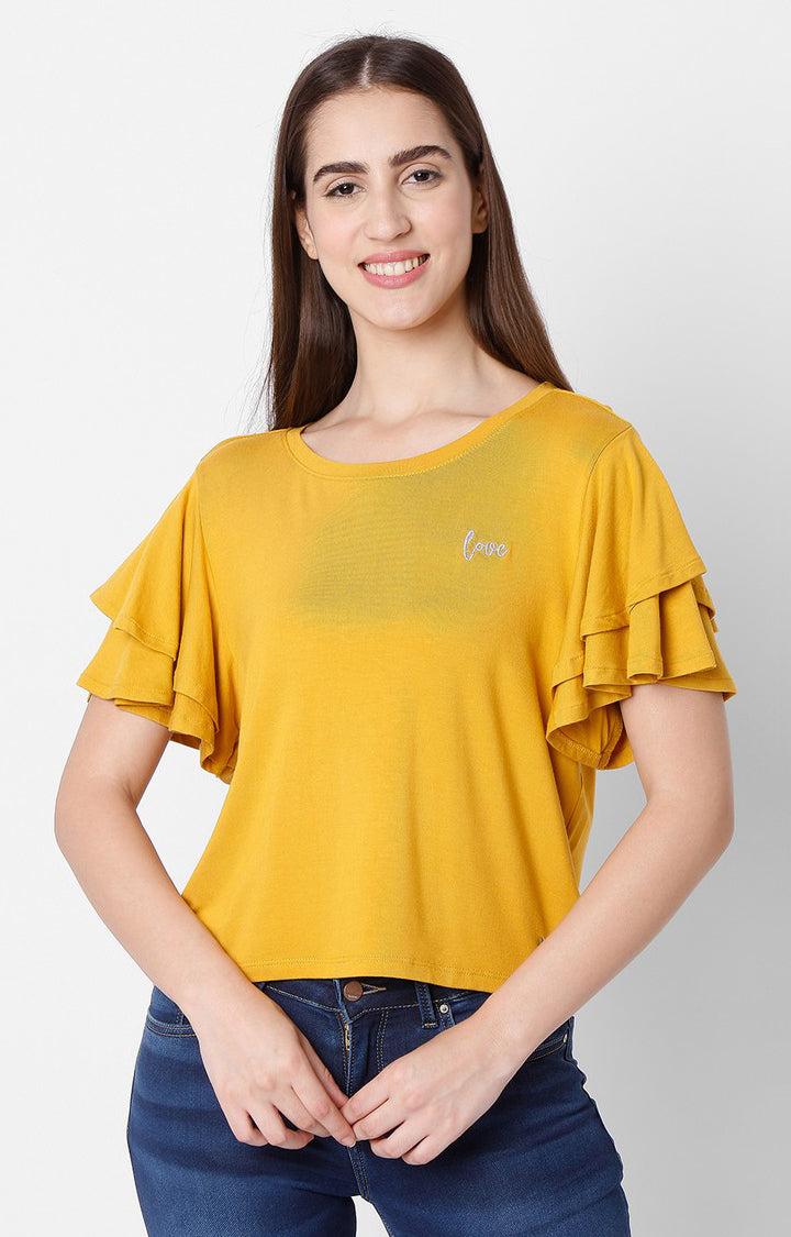 Spykar Women Yellow Cotton Slim Fit Round Neck T-Shirts