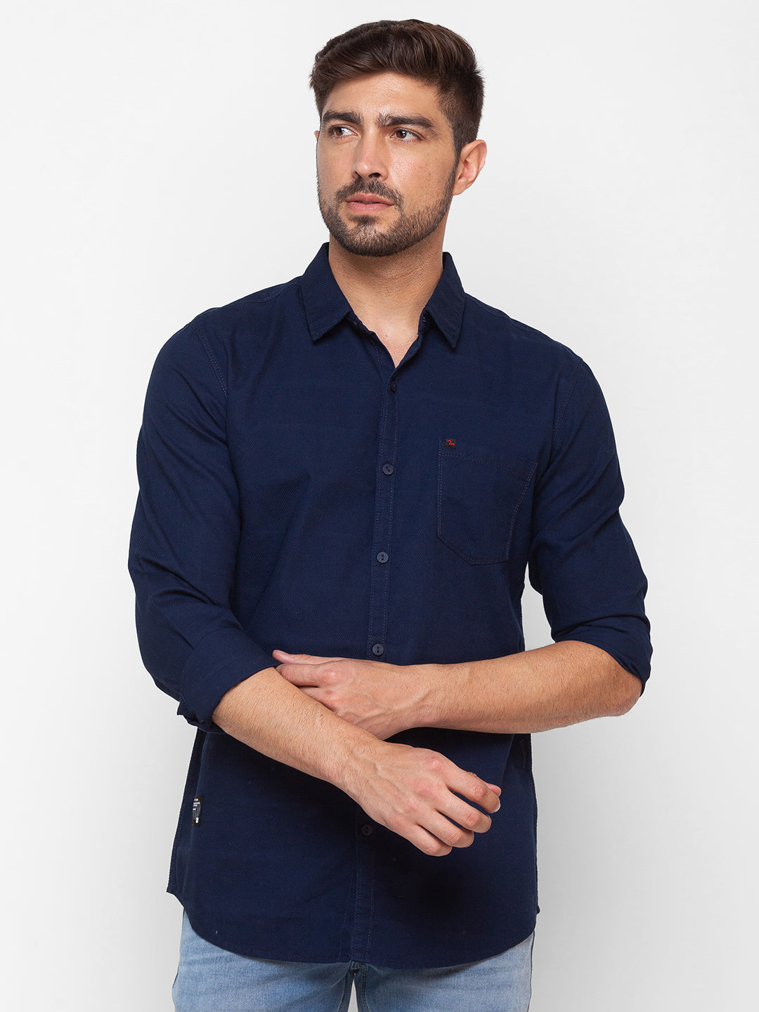 Spykar Navy Blue Cotton Full Sleeve Plain Shirt For Men