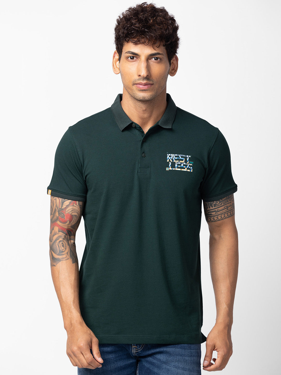 Spykar Men Bottle Green Cotton Regular Fit Half Sleeve Plain Polo T-Shirt