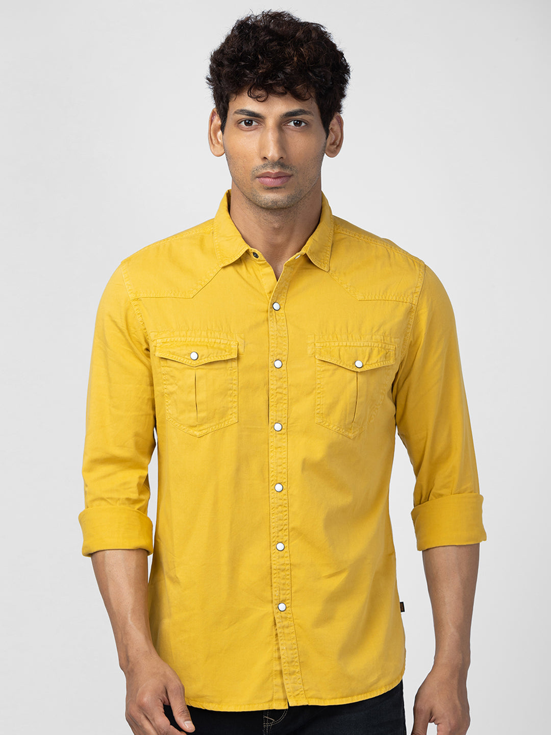 Spykar Men Sulphur Yellow Cotton Slim Fit Plain Shirt