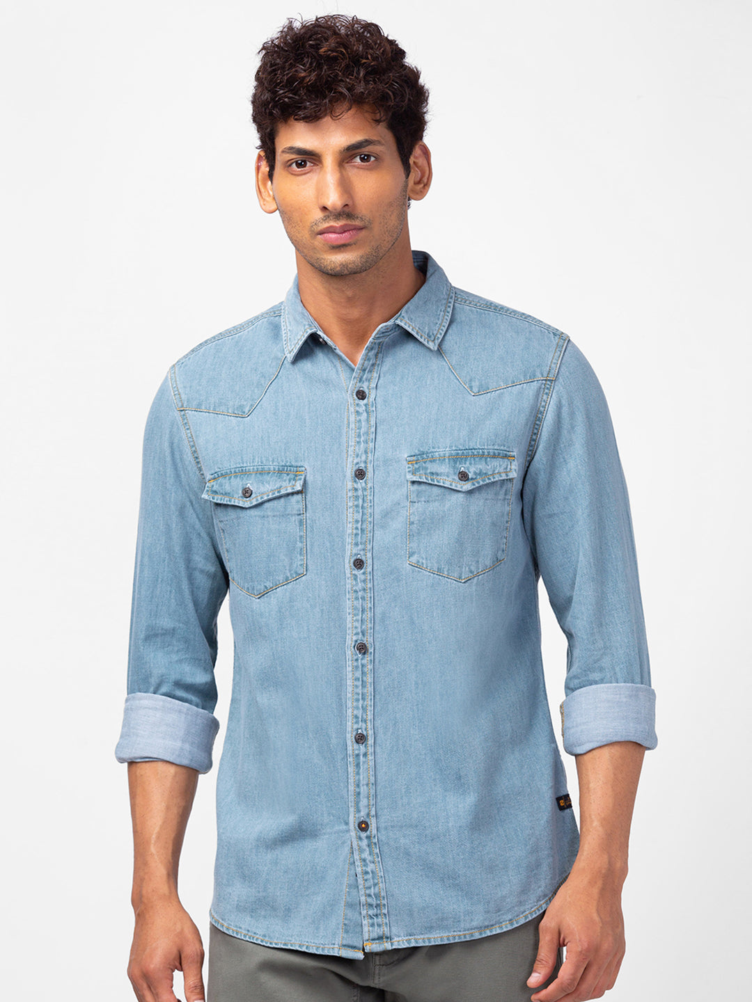 Spykar Men Light Blue Cotton Slim Fit Denim Shirts