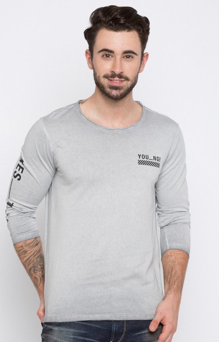 Spykar Grey Cotton Slim Fit T-Shirt For Men