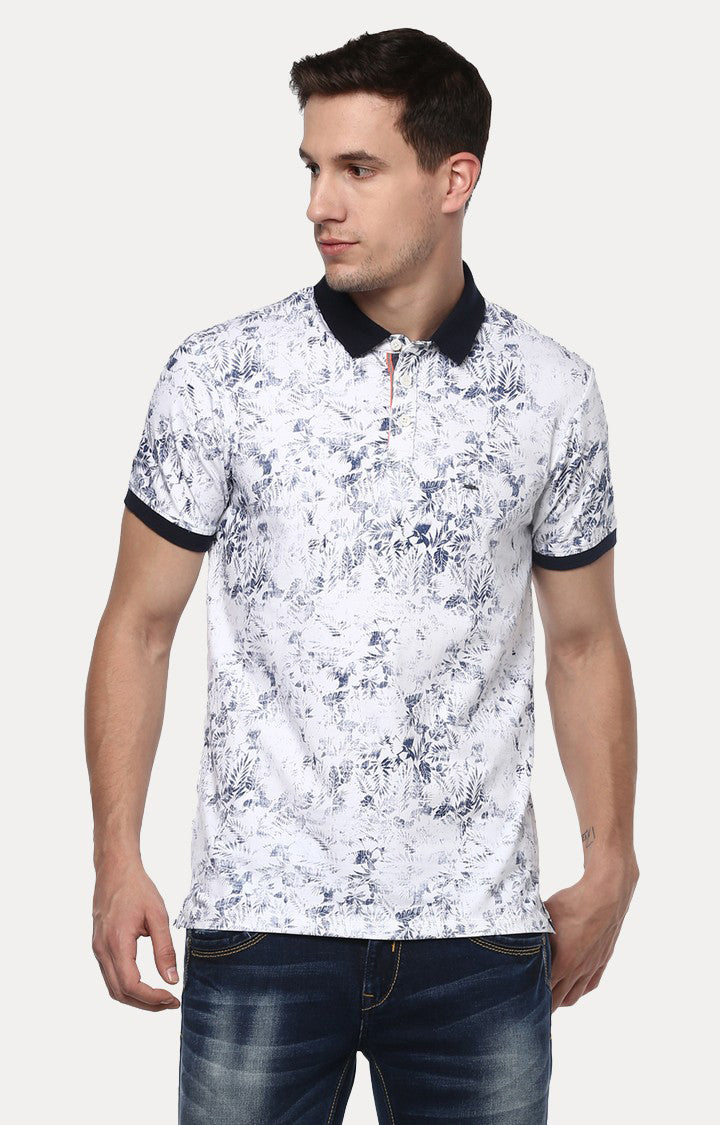 Spykar White Printed Slim Fit Polo T-Shirt