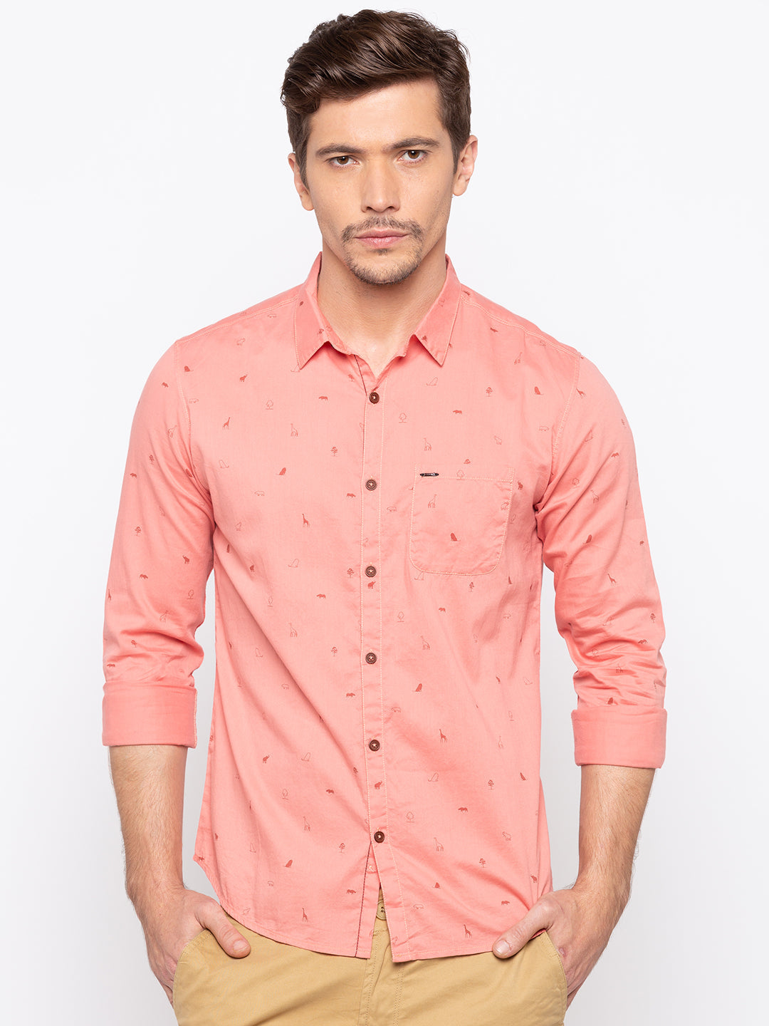 Spykar Pink Cotton Slim Fit Shirts For Men