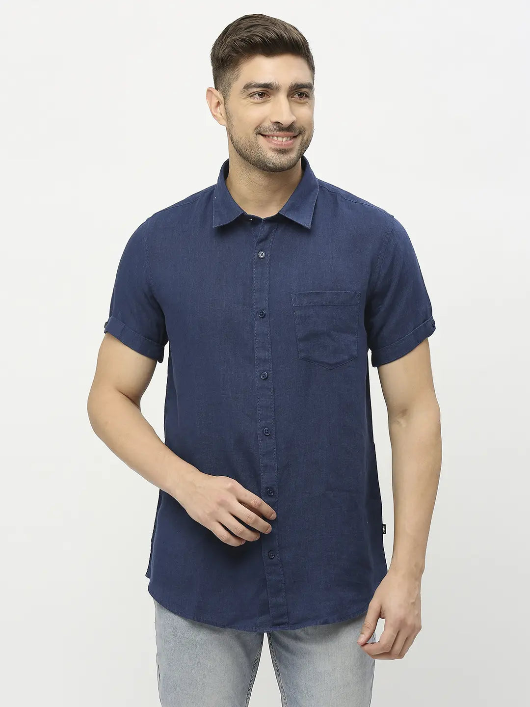 Spykar Men Navy Blue Linen Regular Fit Half Sleeve Plain Shirts