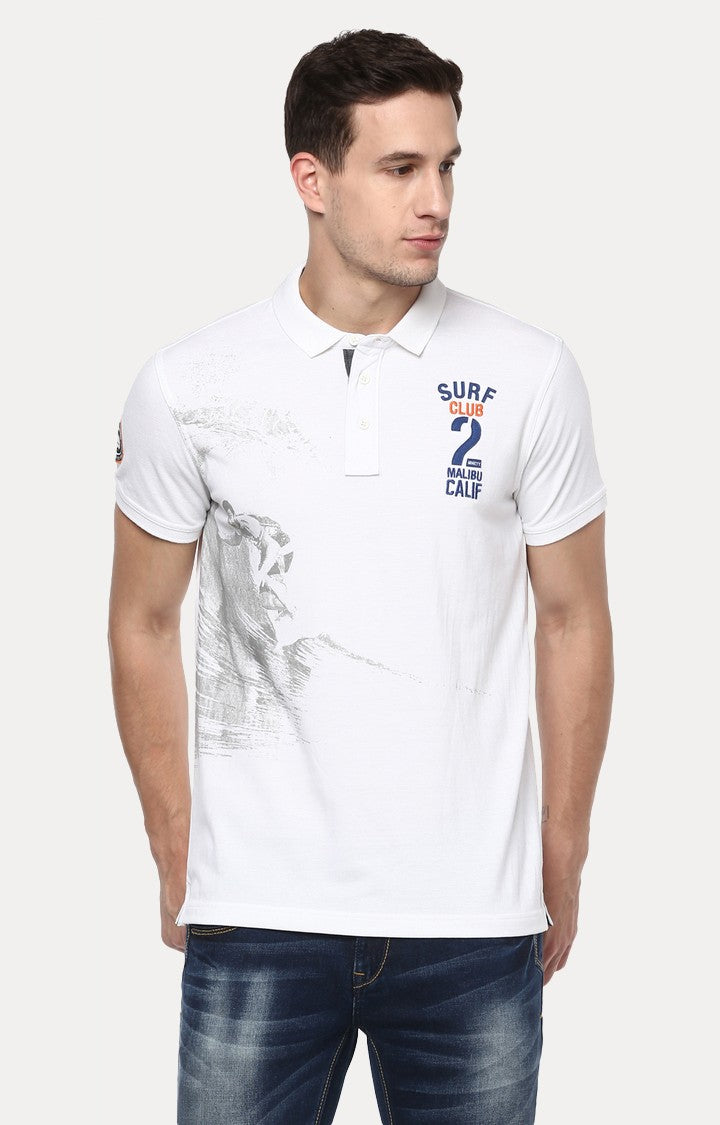 Spykar White Printed Slim Fit Polo T-Shirt