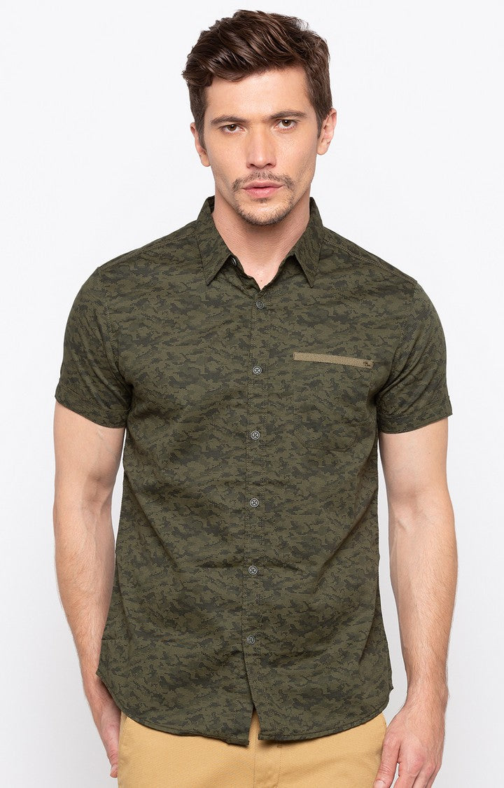 Spykar Men'S Green Cotton Camouflage Casual Shirts