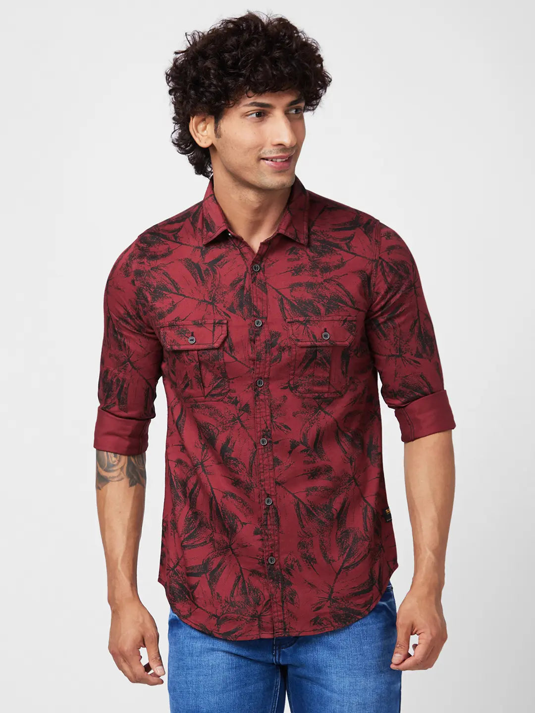 Buy Spykar Men Brick Red Cotton Full Sleeve Casual Floral Print Shirt