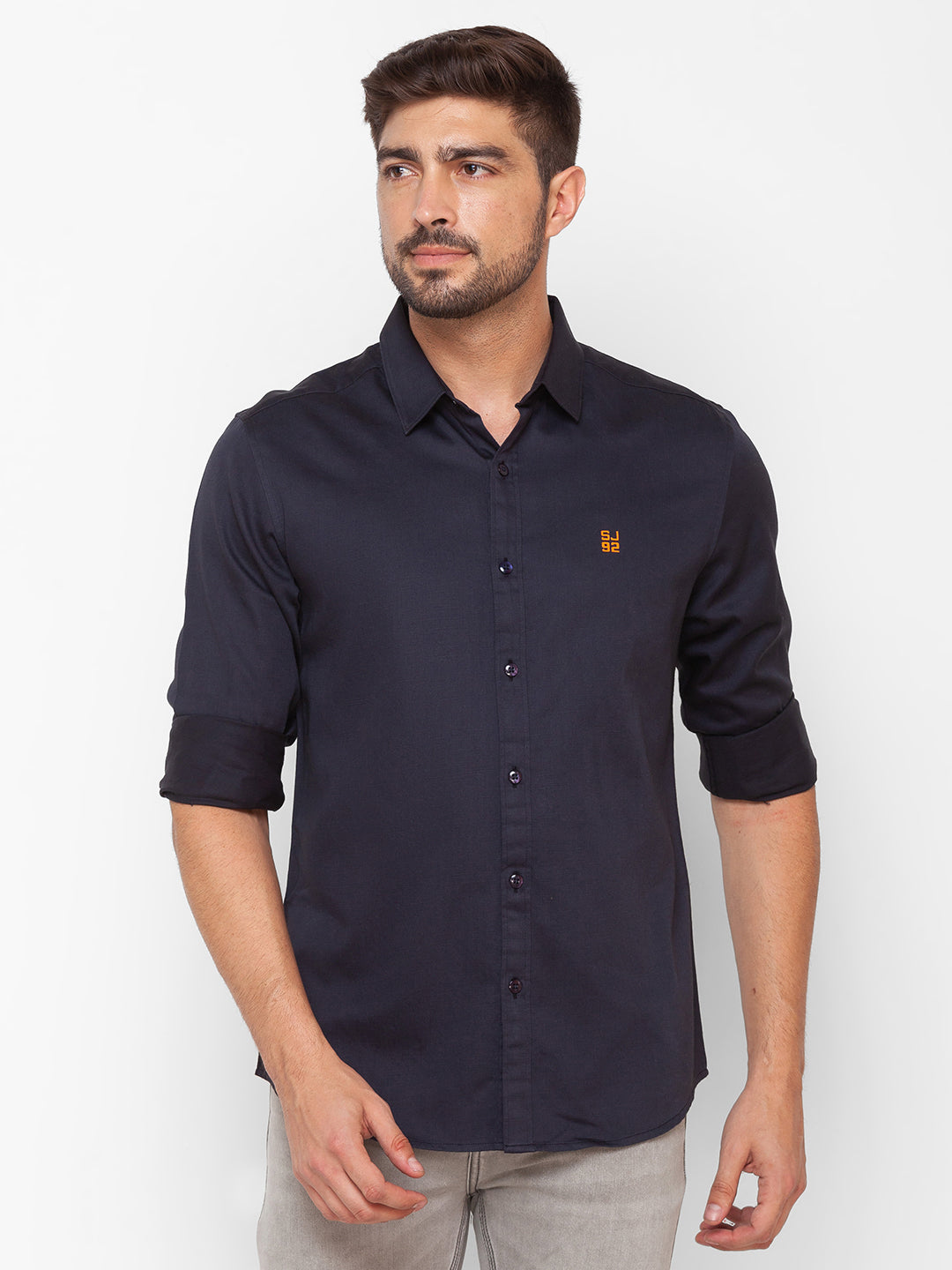 Spykar Charcoal Grey Cotton Full Sleeve Plain Shirt For Men