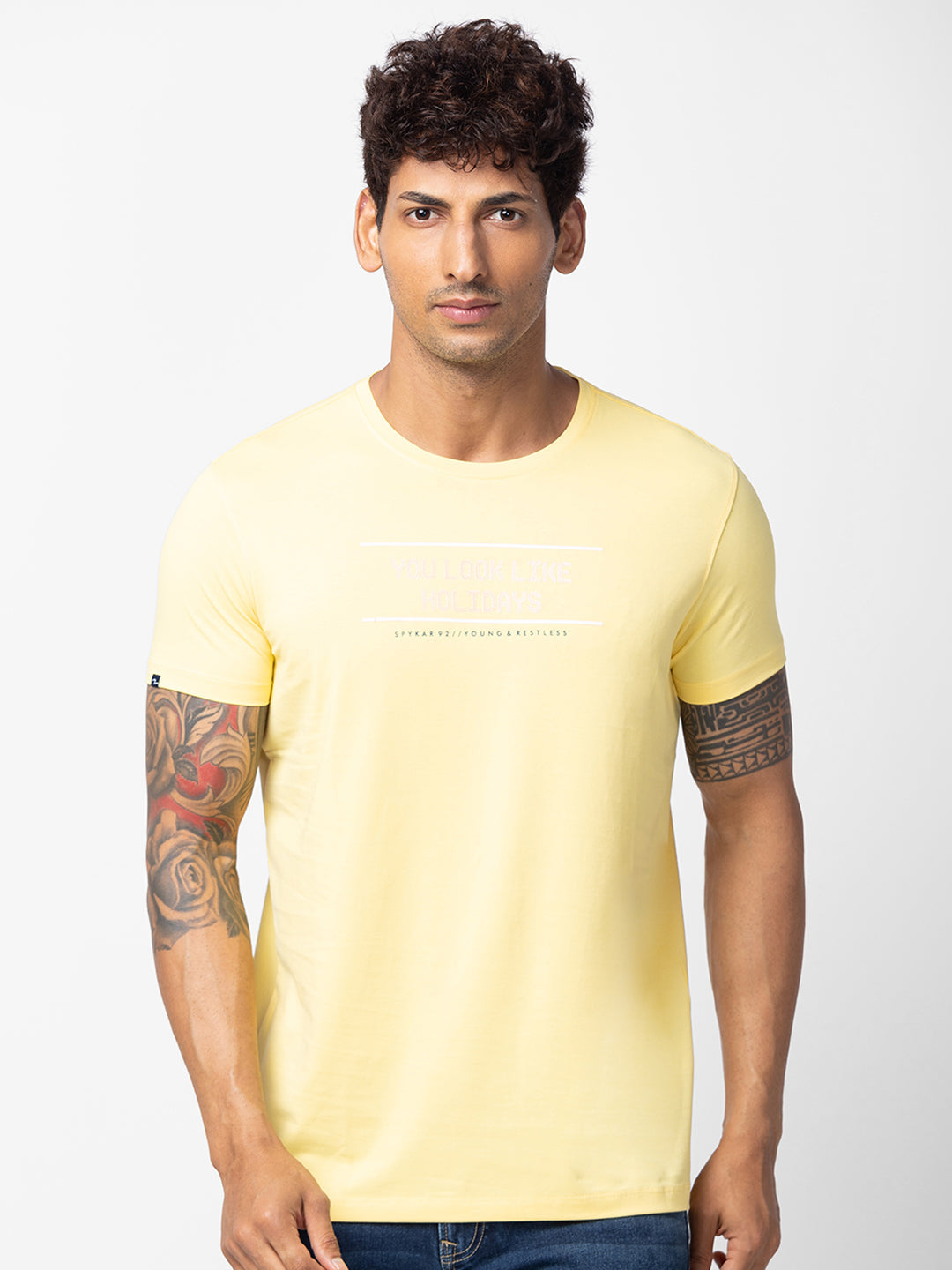 Spykar Men Yellow Cotton Regular Fit Half Sleeve Printed T-Shirt