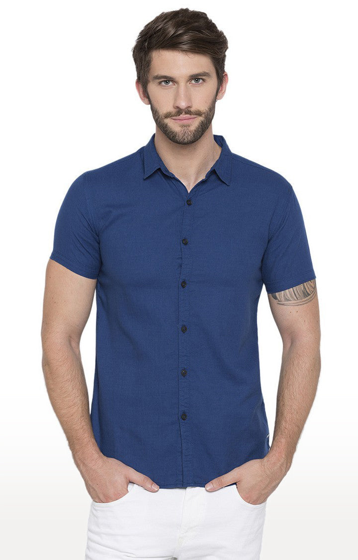 Spykar Men'S Blue Cotton Solid Casual Shirts