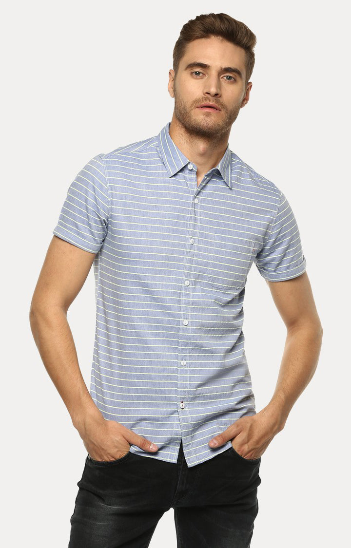 Spykar Men'S Blue Cotton Striped Casual Shirts