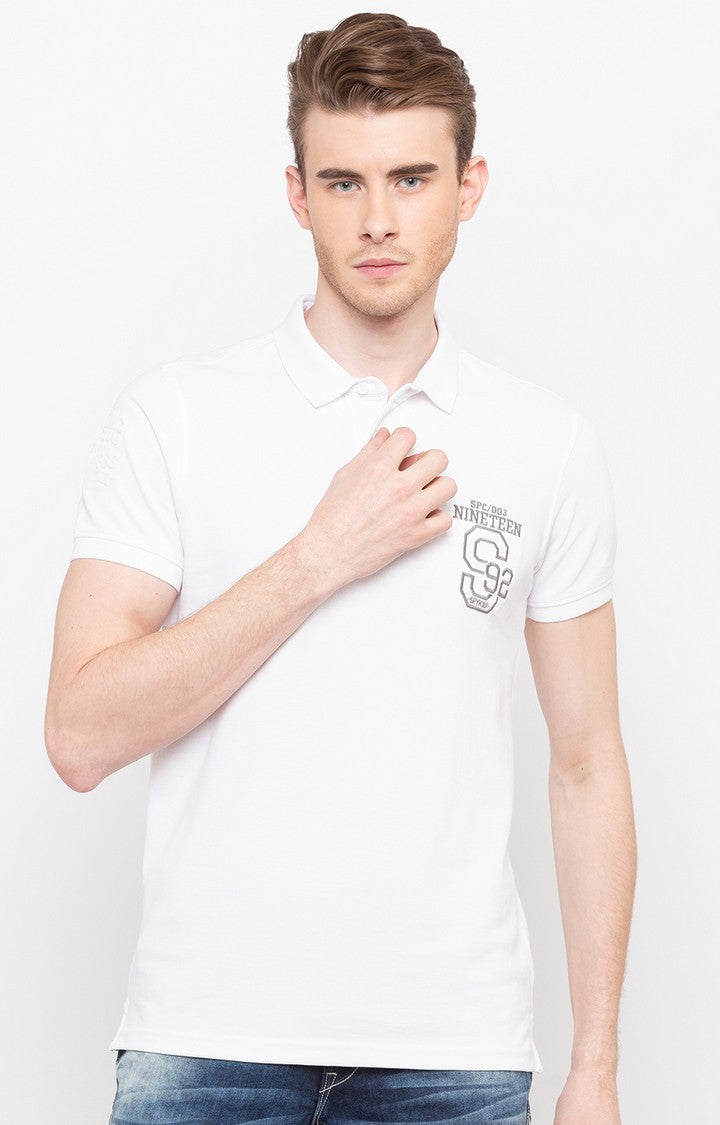 Spykar White Printed Slim Fit Polo T-Shirt