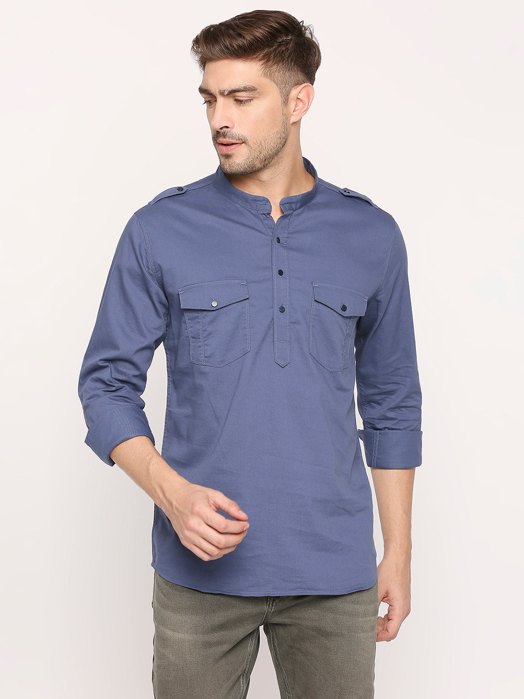 Spykar Petrol Cotton Full Sleeve Plain Shirt For Men