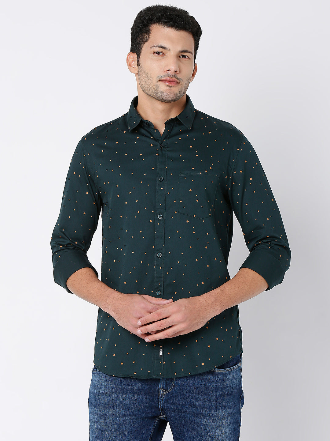 Spykar Men Bottle Green Cotton Full Sleeve Printed Shirt