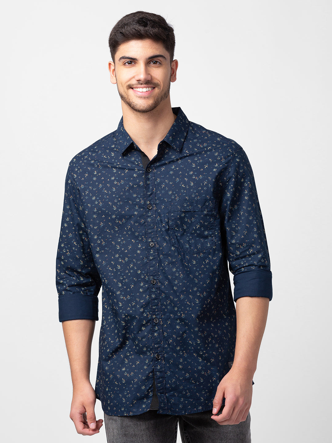 Spykar Men Navy Blue Cotton Slim Fit Printed Shirt