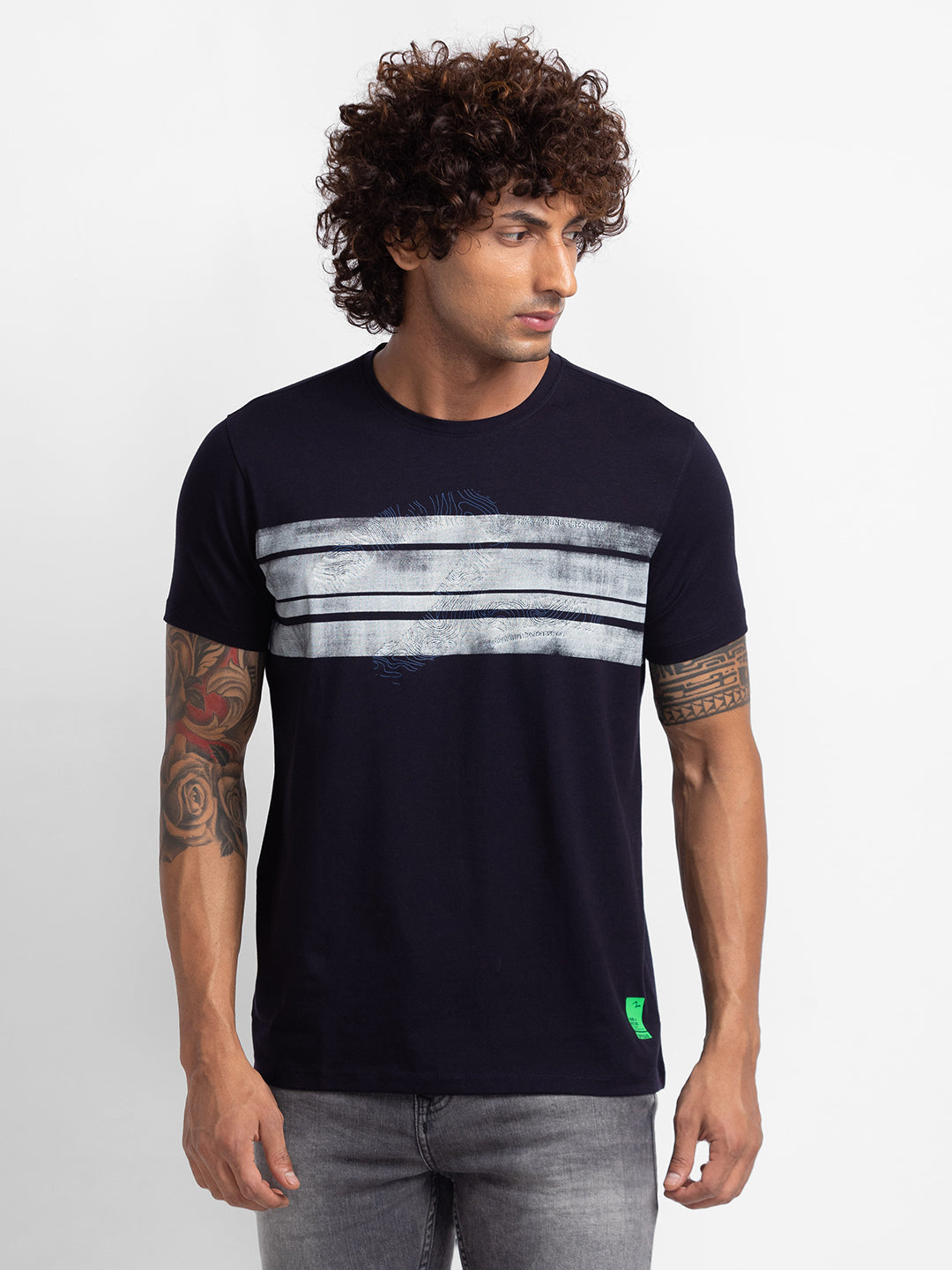 Spykar Navy Blue Cotton Half Sleeve Printed Casual T-Shirt For Men