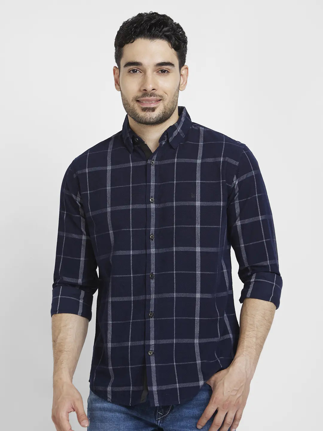 Spykar Men Navy Blue Cotton Regular Slim Fit Full Sleeve Checkered Shirt