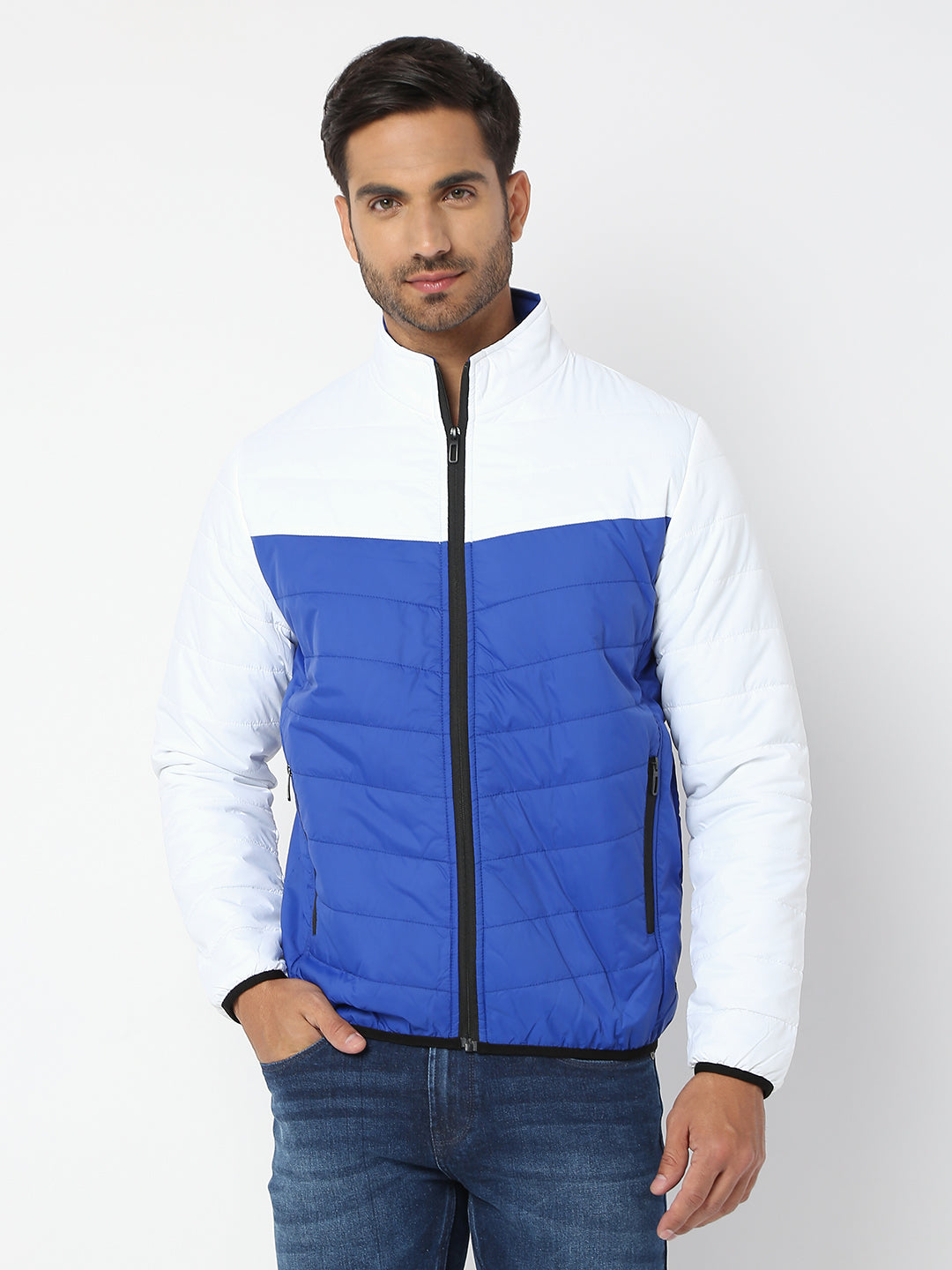 Spykar Men White & Royal Blue Nylon Regular Fit Jacket